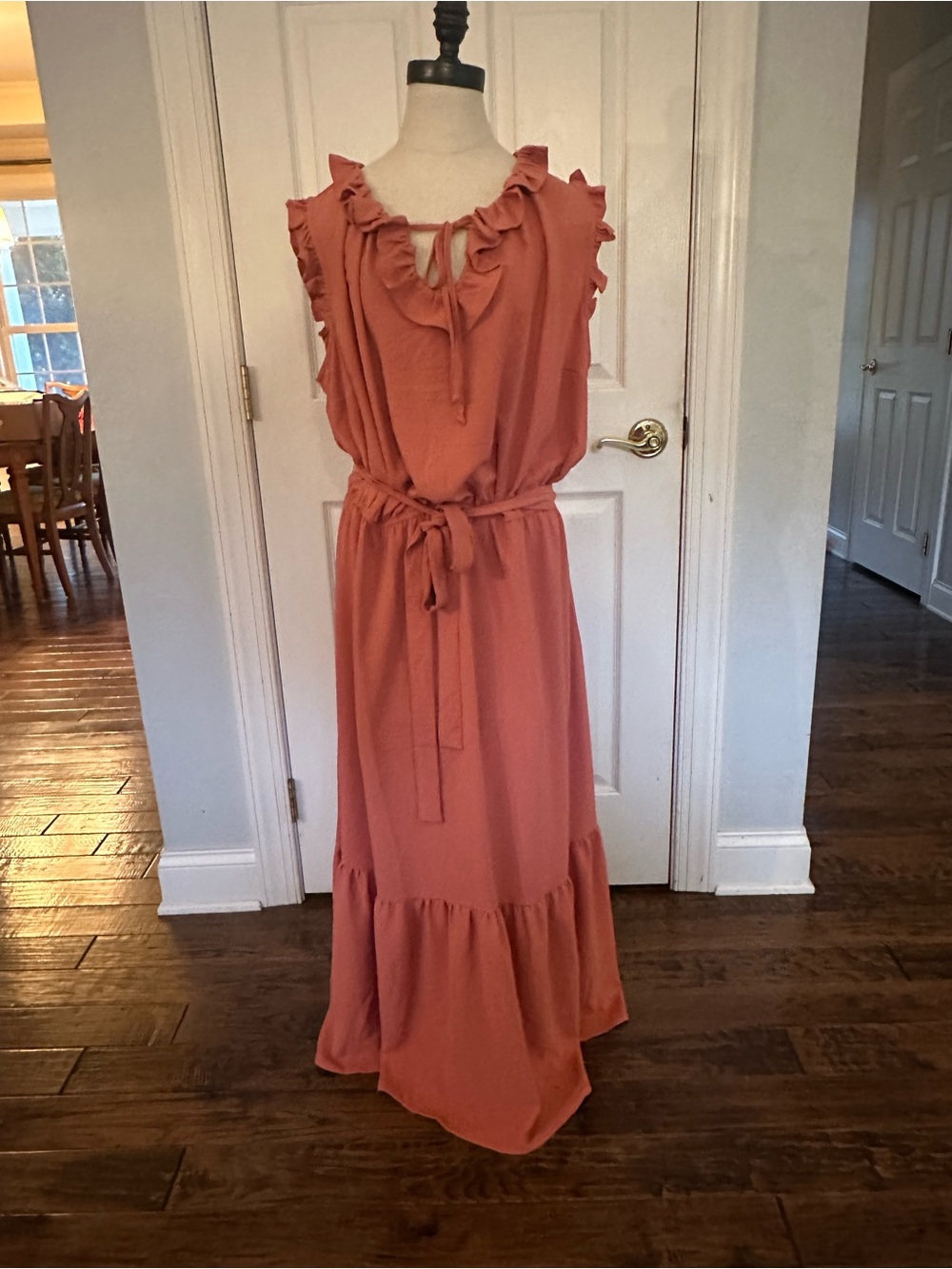 Emma & Michele Ruffled Tie-Waist Maxi Dress in Coral Dusty Rose Cottagecore